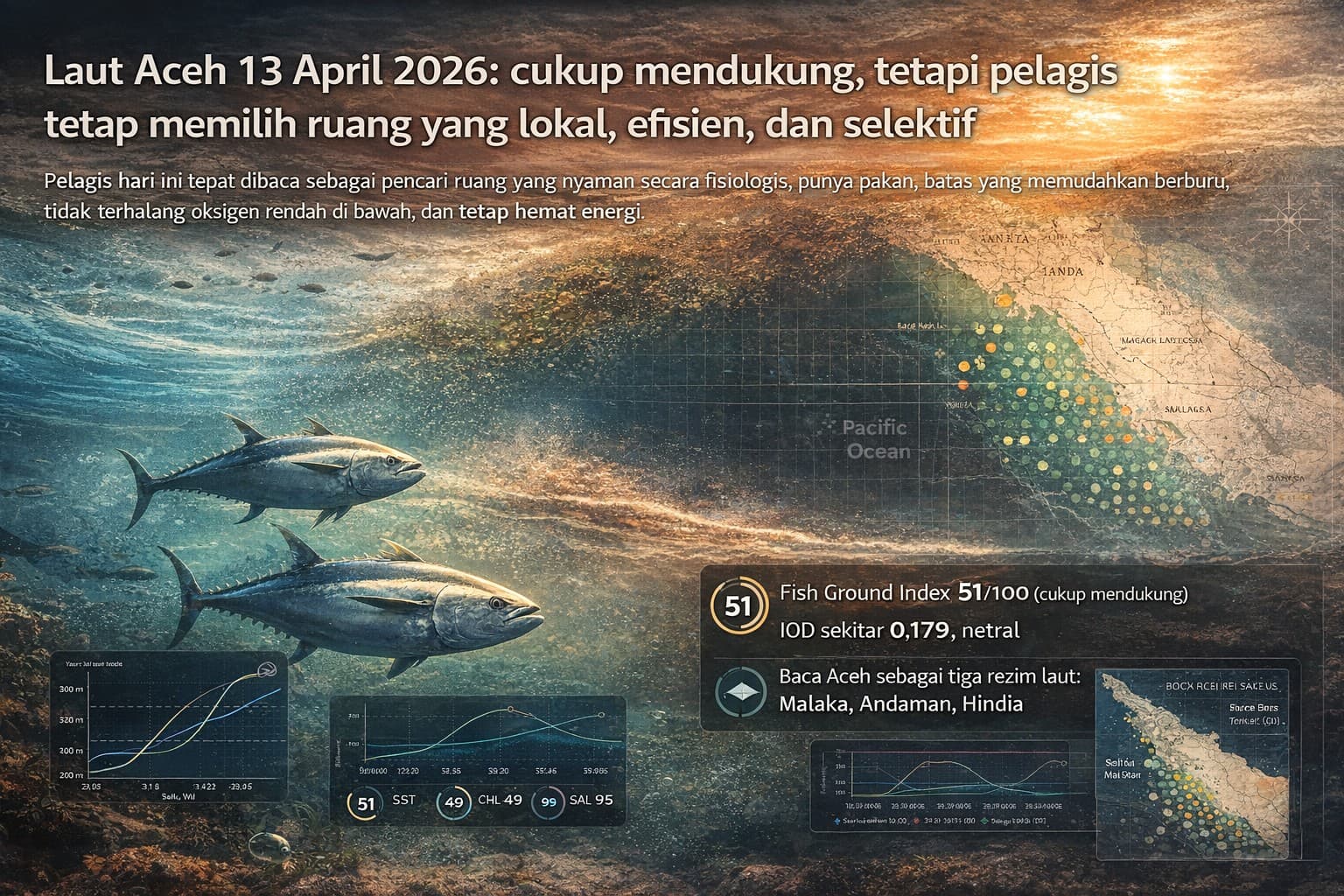 Laut Aceh 13 April 2026: cukup mendukung, tetapi pelagis tetap memilih ruang yang lokal, efisien, dan selektif
