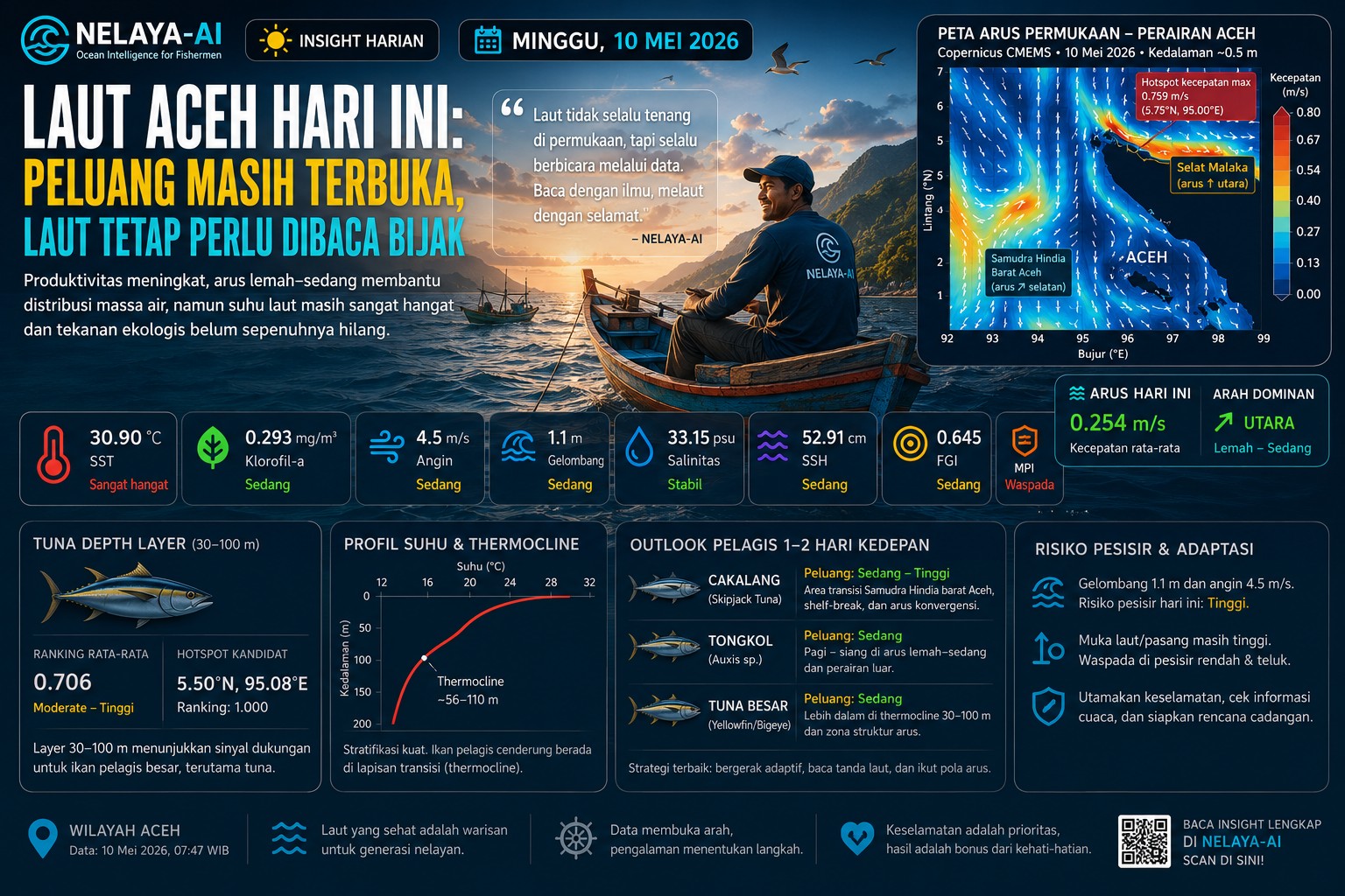Minggu, Laut Aceh Masih Menyimpan Peluang: Pelagis Bergerak di Tengah Laut Hangat dan Dinamika yang Lebih Stabil